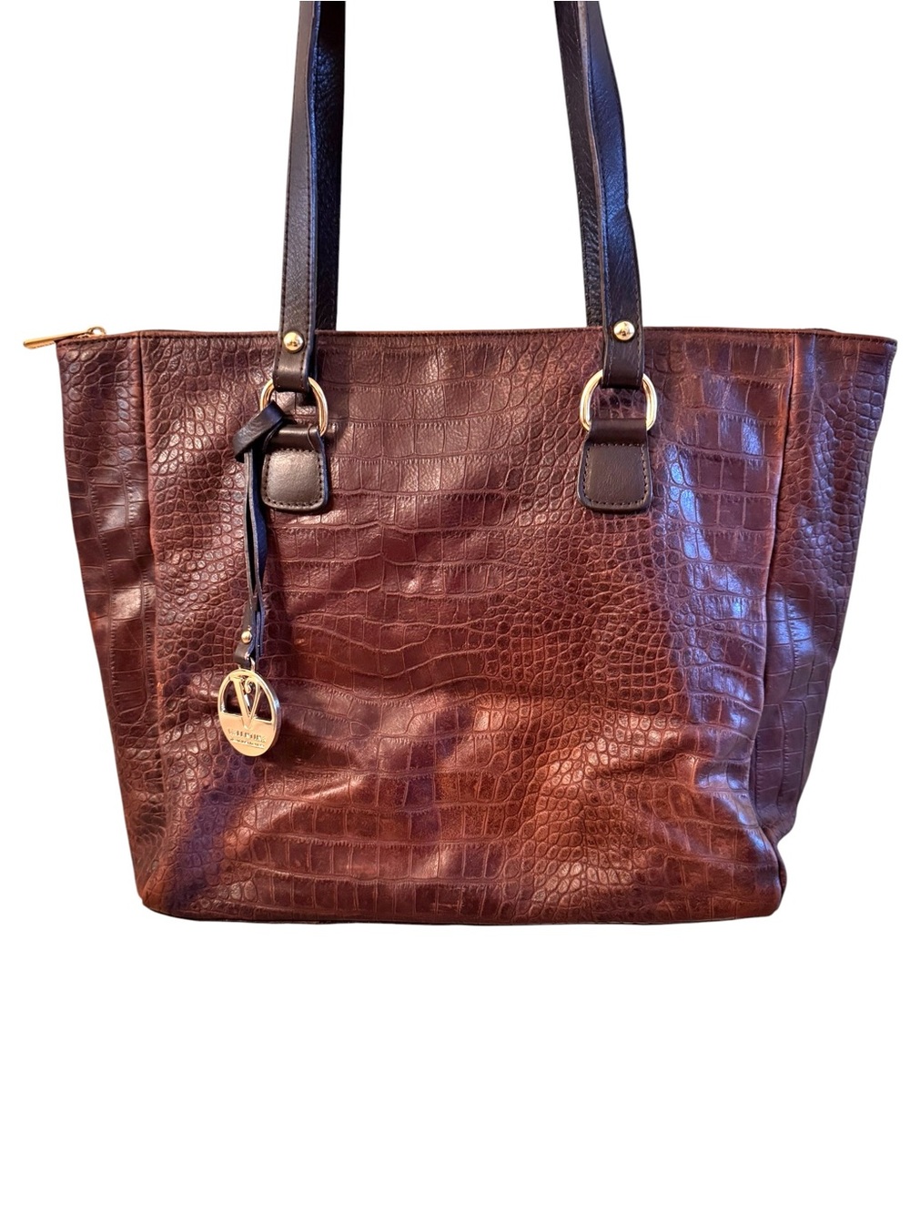 Valentina Brown Croc Embossed Leather Tote Bag Large Italy Work Carryall Purse - Picture 2 of 11